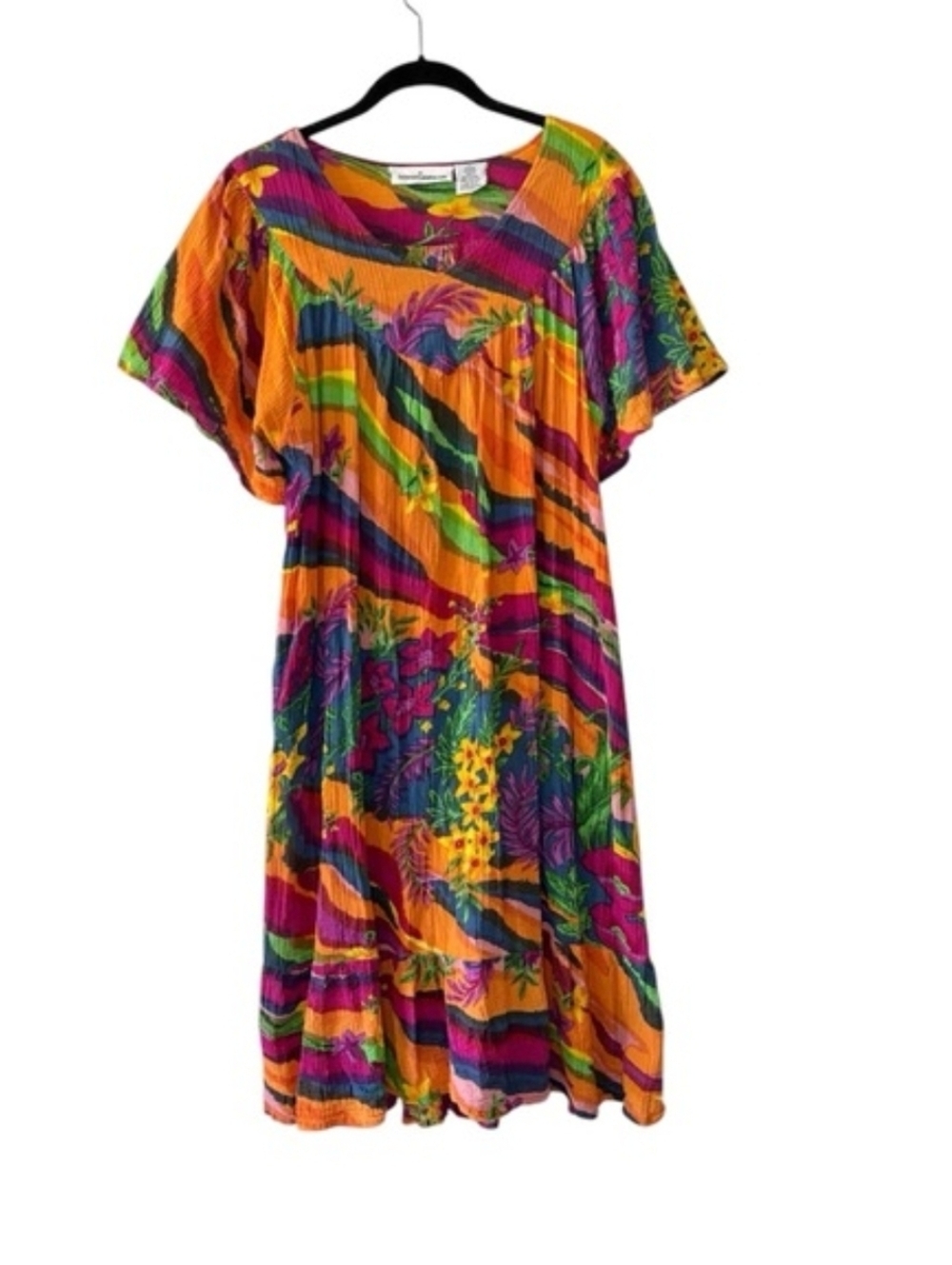 Serendeti Vintage 90s Y2K Boho Tropical Print Midi Dress Multicolored Bright 1X